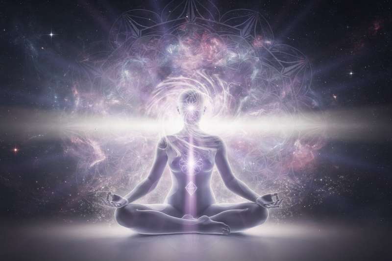 Meditierender Mensch mit leuchtender Energie an der Scheitelkrone, die spirituelle Verbindung und inneres Licht symbolisiert.