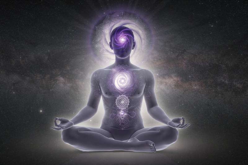 Frau sitzt in Meditationshaltung mit geschlossenen Augen und leuchtendem dritten Auge auf der Stirn.