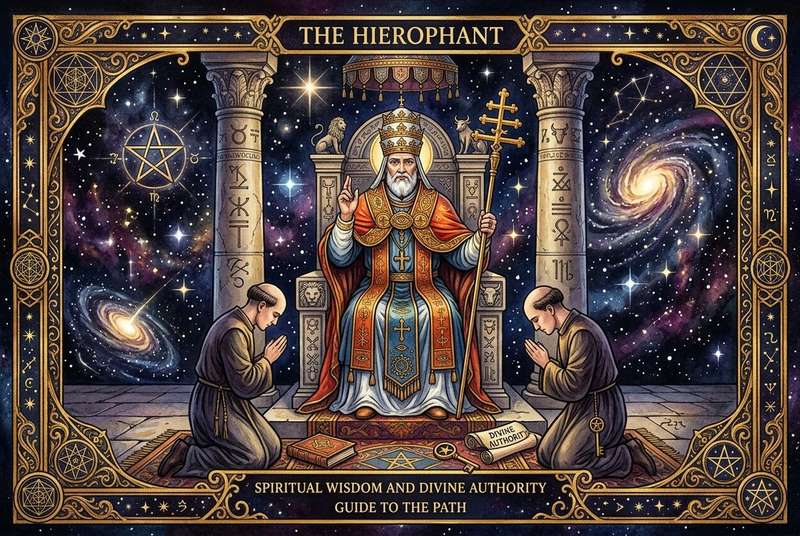 Traditionelle Tarotkarte des Hierophanten mit religiösen Symbolen, Krone und Stab, die spirituelle Autorität und Weisheit...