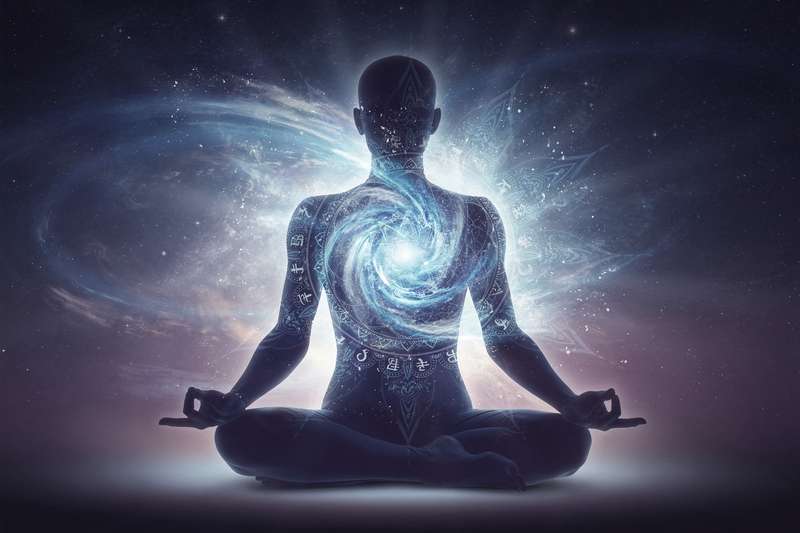 Leuchtend blaue Energie strahlt aus dem Halsbereich einer meditativen Figur in abstraktem Licht.