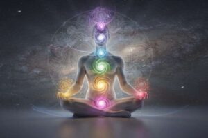 Frau sitzt in Lotus-Position mit leuchtenden Energiepunkten entlang der Wirbelsäule, die sieben Chakren symbolisieren.