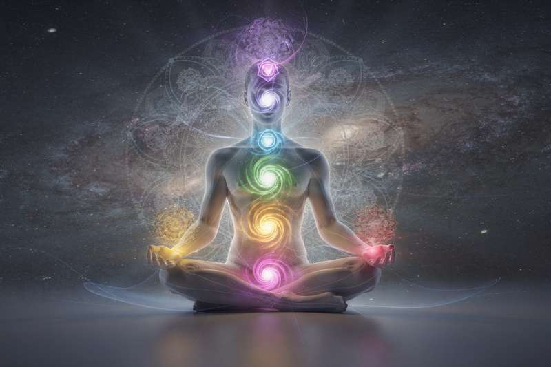 Frau sitzt in Lotus-Position mit leuchtenden Energiepunkten entlang der Wirbelsäule, die sieben Chakren symbolisieren.