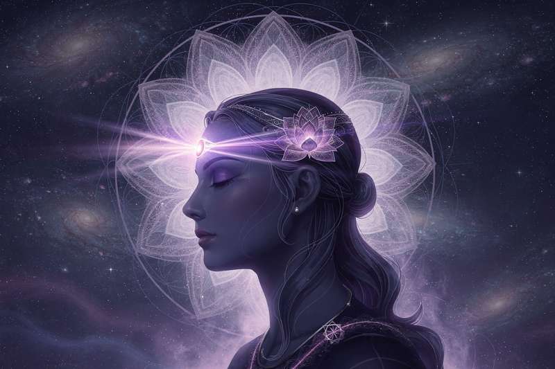 Violett leuchtender Punkt auf der Stirn zwischen den Augenbrauen symbolisiert das geöffnete dritte Auge und erwachte...