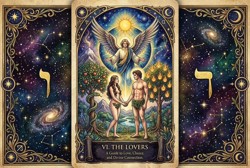 Traditionelle Tarotkarte Die Liebenden zeigt zwei Menschen in enger Verbindung unter einem strahlenden Himmel.