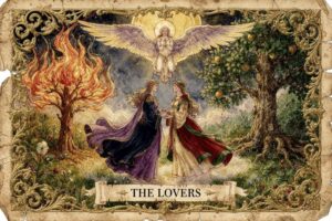Representación simbólica de la carta de los Amantes mostrando la conexión divina, el amor verdadero y el dilema de elegir...