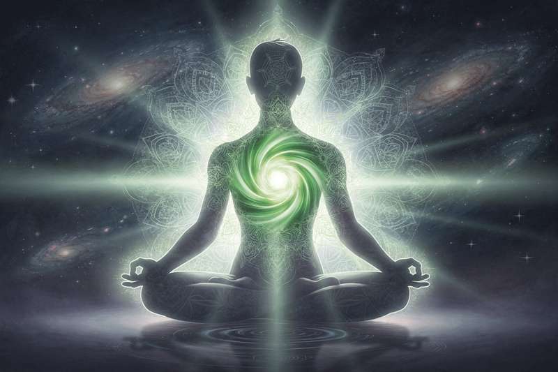 Grüne Energielinie strahlt aus der Herzregion eines Menschen und symbolisiert die Öffnung des Herzchakras für emotionale...