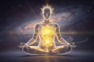 Gelbe und goldene Kristalle wie Citrin und Bernstein arrangiert um das Solarplexus-Chakra-Symbol zur Stärkung von Willenskraft...