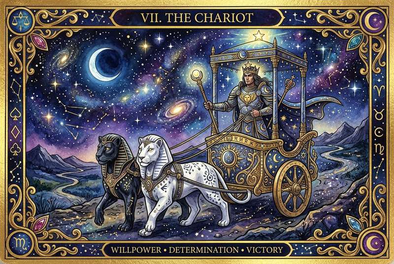 Der Wagen Tarotkarte zeigt einen Wagenlenker mit Willenskraft, der sein Schicksal durch Entschlossenheit und Kontrolle meistert.
