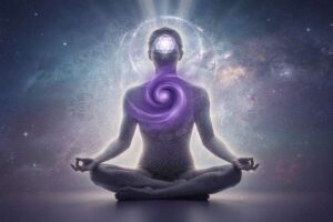 Amethyst-Kristall auf violettem Hintergrund symbolisiert die Aktivierung des dritten Auges und spirituelle Intuition.