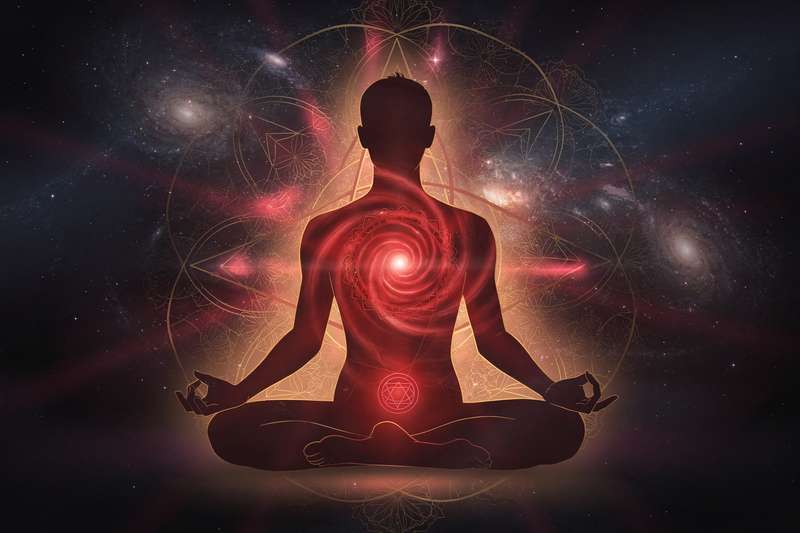 Leuchtendes rotes Energiespektrum an der Basis der Wirbelsäule symbolisiert die Aktivierung des Wurzelchakras im menschlichen...