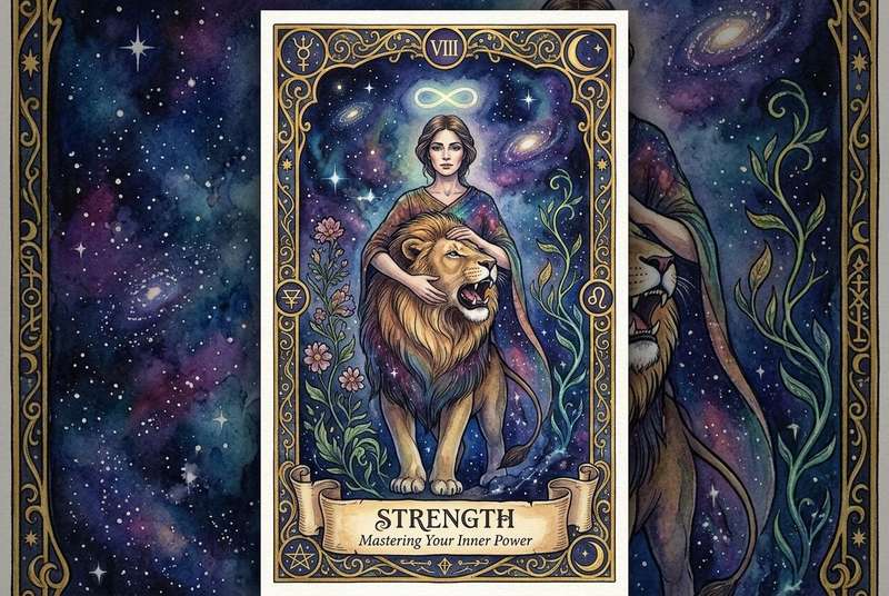 Tarotkarte Kraft zeigt eine Frau, die sanft einen Löwen zähmt und ihre innere Stärke und Selbstbeherrschung demonstriert.