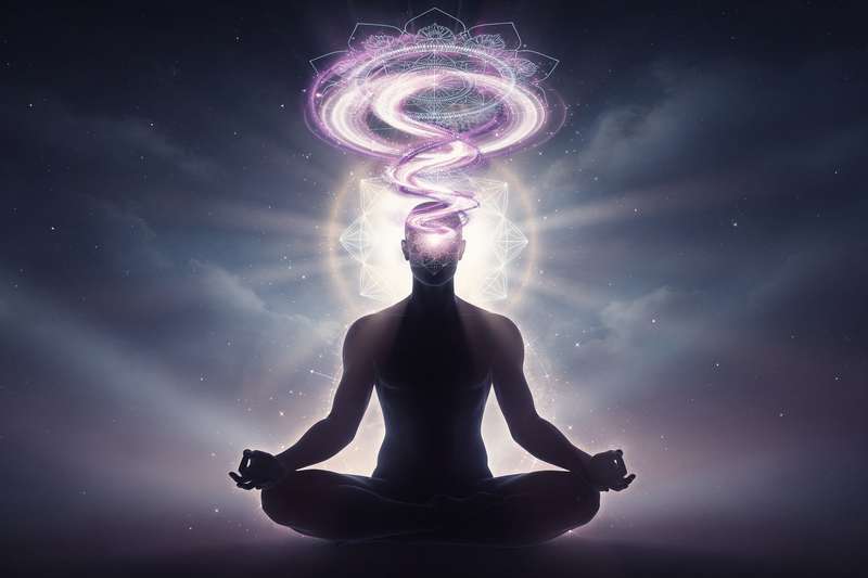 Leuchtende Energiewelle über dem Kopf einer meditierenden Person, die spirituelle Transformation und innere Erleuchtung...