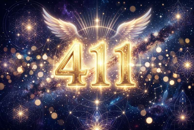 Symbolische Darstellung der Engelszahl 411 mit leuchtenden Ziffern, die göttliche Führung und persönliche Befreiung repräsentiert.