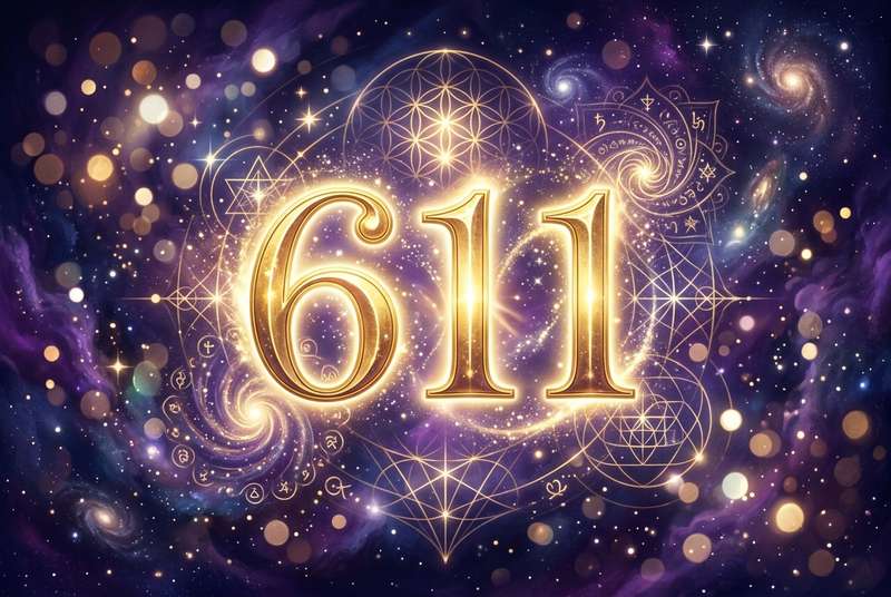 Spirituelle Darstellung der Engelszahl 611 mit leuchtenden Zahlen, die göttliche Unterstützung und innere Führung symbolisieren.