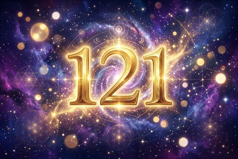 Symbolische Darstellung der Engelszahl 121 mit leuchtenden Ziffern, die göttliche Führung und spirituelle Botschaften vermittelt.