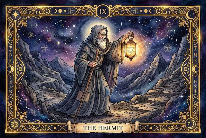 Mystische Tarot-Karte des Eremiten mit leuchtendem Stab, der den Weg durch Dunkelheit symbolisiert und innere Erleuchtung...