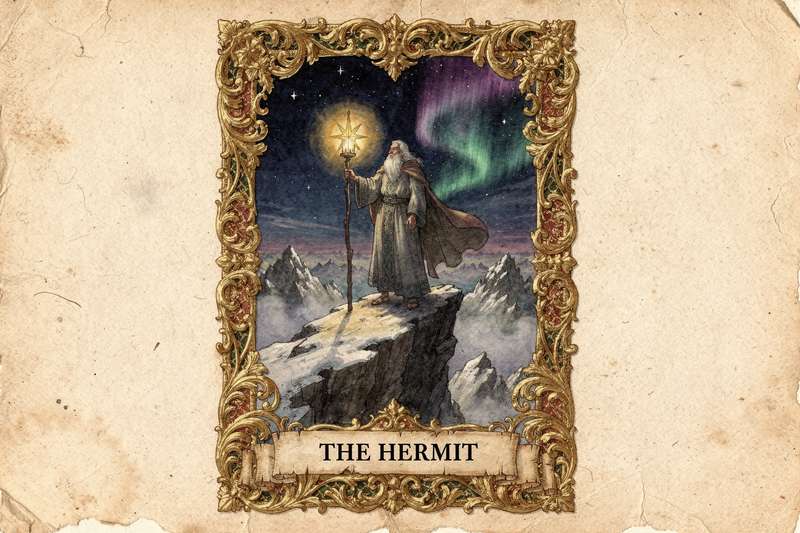 Lámina del Tarot que representa a un sabio solitario con linterna iluminando el camino hacia la introspección y el...