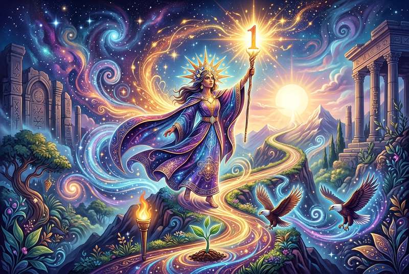 Grafische Darstellung der Numerologie-Zahl 1 mit mystischen Symbolen und spirituellen Elementen zur Veranschaulichung des...