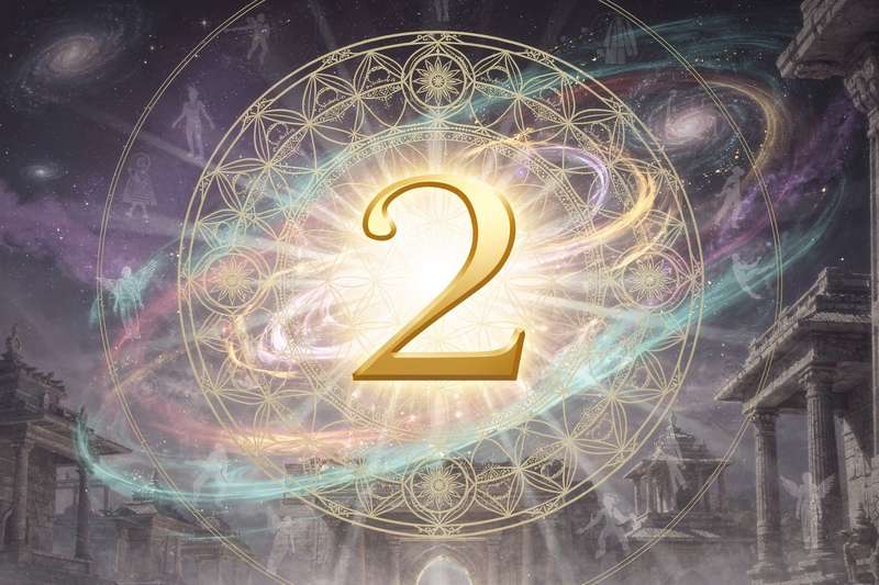 Numerologie-Symbole und die Zahl zwei in mystischem Design zur Darstellung des Lebenswegs in der esoterischen Praxis.