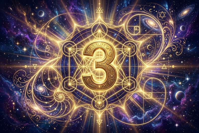 Numerologisches Rad mit der Ziffer 3 in der Mitte, umgeben von mystischen Symbolen und leuchtenden Mustern zur...