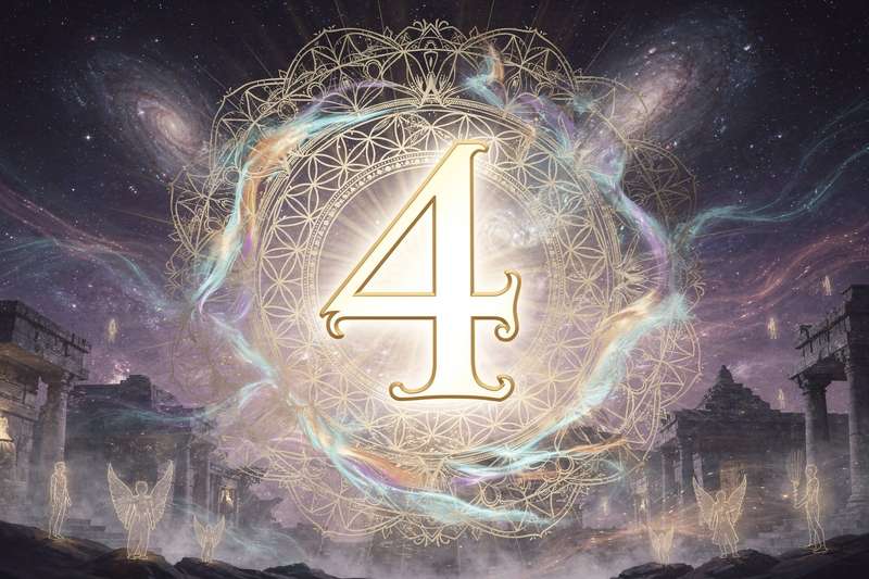 Symbolische Darstellung der Numerologie-Zahl Vier mit mystischen Elementen und geometrischen Formen zur Veranschaulichung des...
