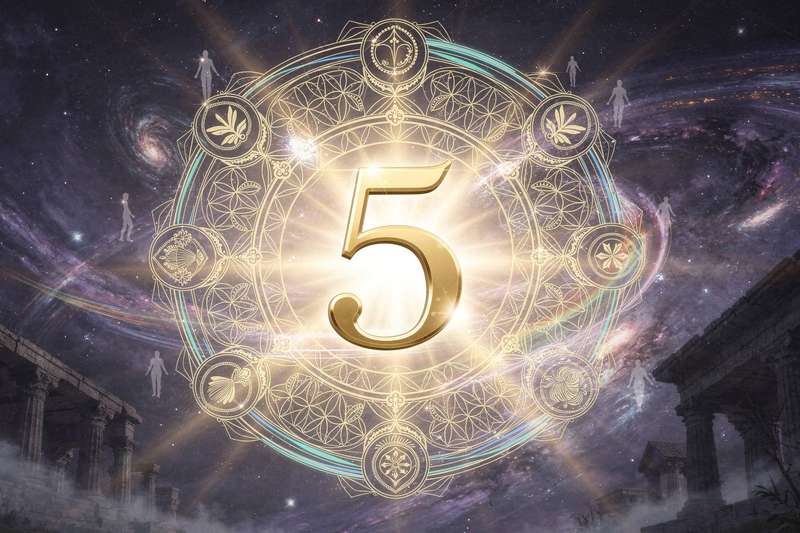 Numerologie-Symbol mit der Zahl fünf umgeben von mystischen Kreisen und Mustern zur Darstellung des spirituellen Lebenswegs.