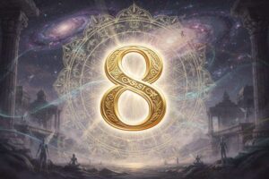 Symbolische Darstellung der Numerologie-Ziffer acht mit mystischen Elementen wie Unendlichkeitssymbol und Energiefluss.