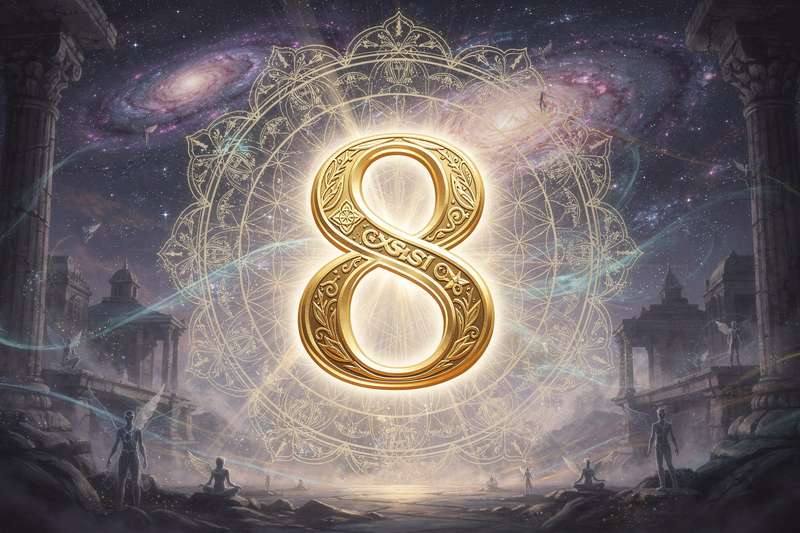 Symbolische Darstellung der Numerologie-Ziffer acht mit mystischen Elementen wie Unendlichkeitssymbol und Energiefluss.