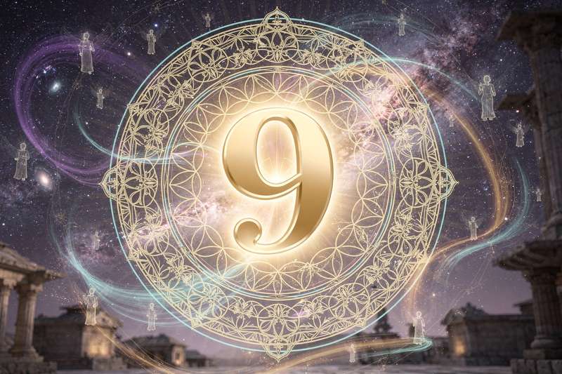 Numerologisches Symbol der Zahl Neun mit mystischen Elementen und spirituellen Mustern zur Darstellung des Lebenspfads.