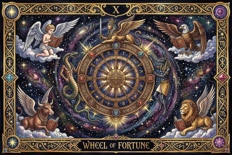 Tarotkarte Rad des Schicksals zeigt ein mystisches Rad mit Symbolen der Astrologie und kosmischen Zyklen.