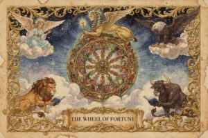 Carta del tarot La Rueda de la Fortuna mostrando los ciclos naturales y cambios de destino en la vida.