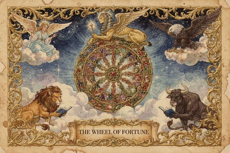 Carta del tarot La Rueda de la Fortuna mostrando los ciclos naturales y cambios de destino en la vida.
