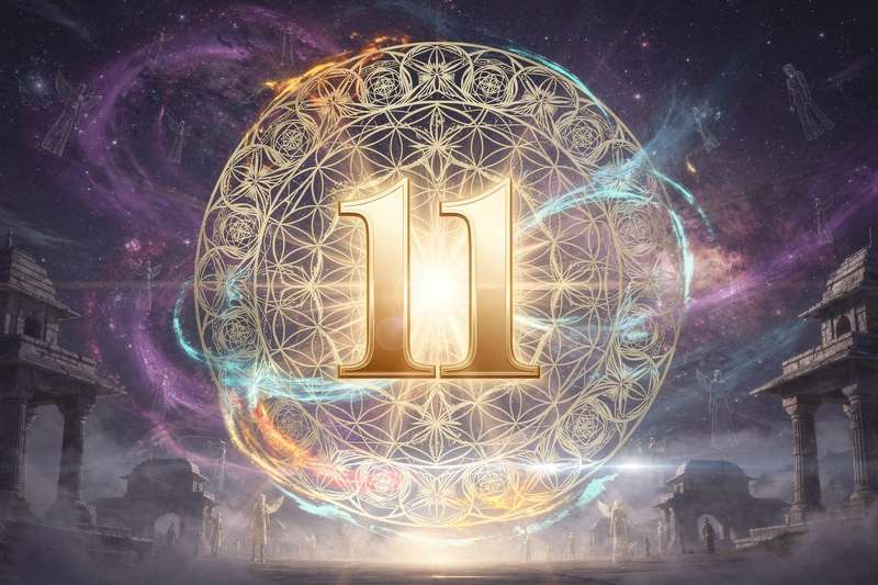 Symbolische Darstellung der Meisterzahl 11 mit leuchtenden Elementen und spirituellen Symbolen zur Veranschaulichung ihrer...