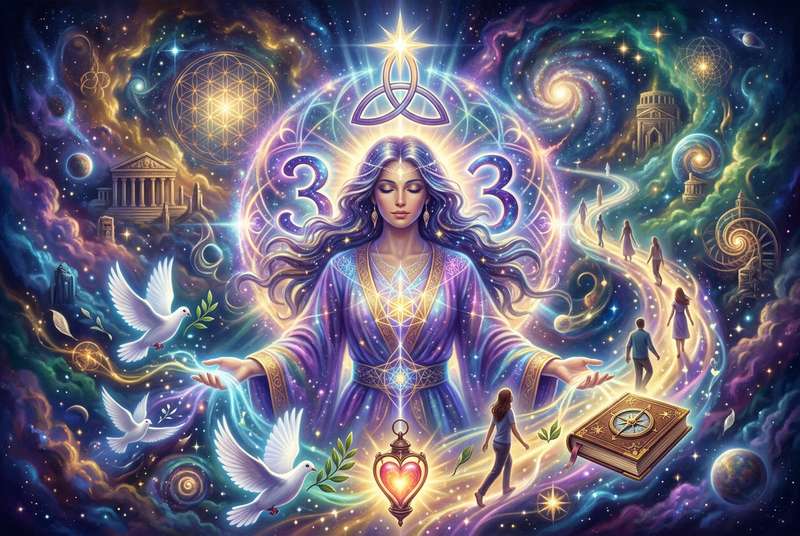 Leuchtende Zahl 33 in mystischem violetten Licht mit Energiemustern, die Heilung und spirituelle Kommunikation symbolisieren.