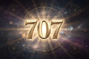Leuchtende Zahlenfolge 707 in mystischem Licht, symbolisiert spirituelle Führung und innere Weisheit auf dunklem Hintergrund.