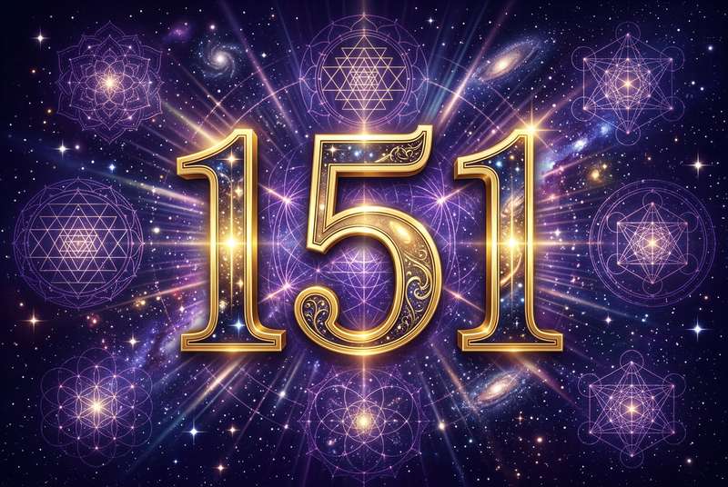 Numerologische Darstellung der Zahl 151 mit leuchtenden Elementen, die spirituelle Transformation und göttliche Führung...