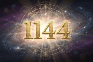 Numerologische Darstellung der Engelszahl 1144 mit leuchtenden Zahlen und spirituellen Symbolen zur Visualisierung von...
