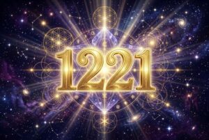 Abstrakte Darstellung der Zahlenfolge 1221 mit leuchtenden Elementen, die spirituelle Energie und göttliche Führung symbolisieren.