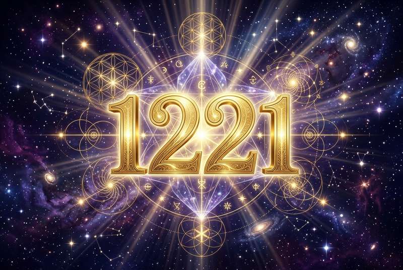 Abstrakte Darstellung der Zahlenfolge 1221 mit leuchtenden Elementen, die spirituelle Energie und göttliche Führung symbolisieren.
