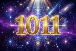 Engelszahl 1011 umgeben von leuchtendem Licht symbolisiert spirituelle Erweckung und die Manifestation persönlicher Ziele.