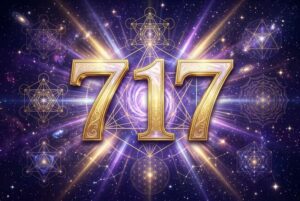 Symbolische Darstellung der Engelszahl 717 mit leuchtenden Ziffern, die spirituelle Erweckung und innere Achtsamkeit verkörpert.