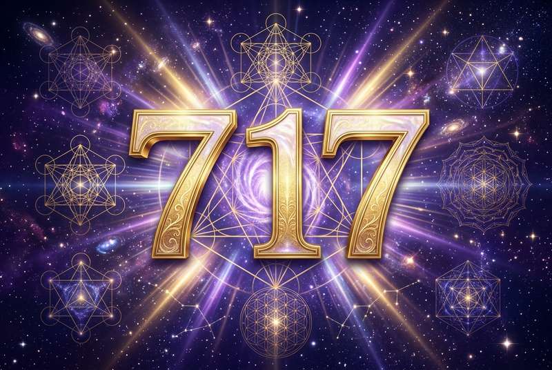 Symbolische Darstellung der Engelszahl 717 mit leuchtenden Ziffern, die spirituelle Erweckung und innere Achtsamkeit verkörpert.