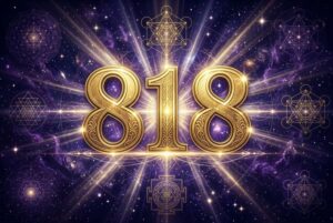 Engelszahl 818 mit spirituellen Symbolen und goldener Ausstrahlung für persönliche Autorität und Lebenstransformation.