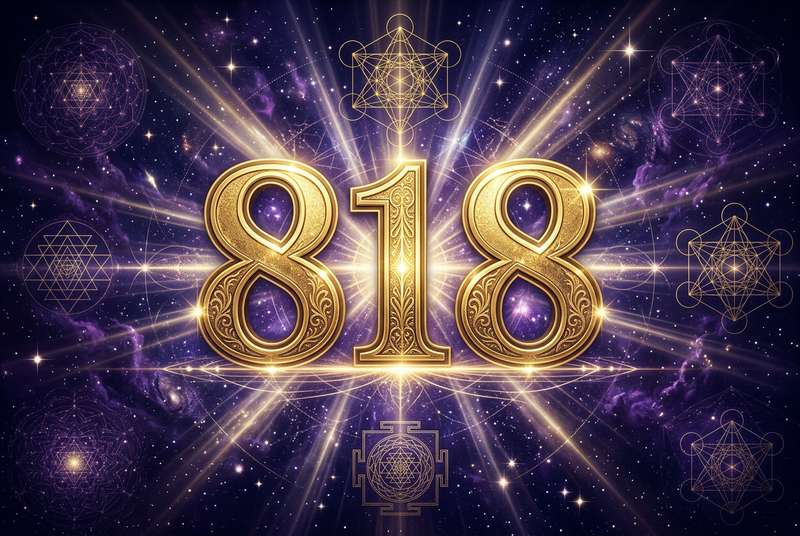 Engelszahl 818 mit spirituellen Symbolen und goldener Ausstrahlung für persönliche Autorität und Lebenstransformation.