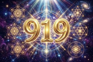 Mystische Zahlenkombination 919 mit leuchtendem Licht und spirituellen Symbolen zur Darstellung von Transformation und...