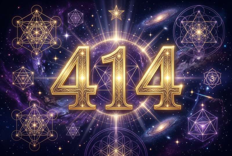 Symbolische Darstellung der Engelszahl 414 mit leuchtenden Zahlen, die spirituelle Kraft und persönliche Transformation...