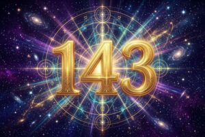 Spirituelle Grafik mit leuchtenden Zahlen 143 und symbolischen Elementen, die göttliche Führung und Manifestation von...