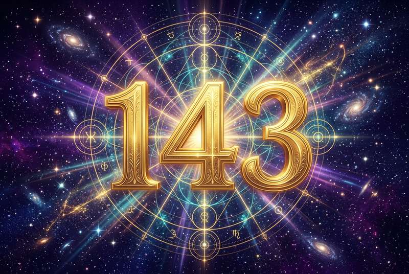Spirituelle Grafik mit leuchtenden Zahlen 143 und symbolischen Elementen, die göttliche Führung und Manifestation von...