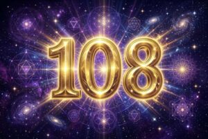 Leuchtende Zahlenfolge 108 umgeben von warmem Licht und spirituellen Symbolen zur Darstellung einer Engelsbotschaft.