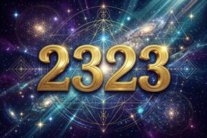 Numerische Sequenz 2323 mit spirituellen Symbolen zur Darstellung von Kreativität und persönlicher Transformation.